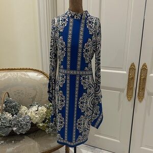 Venus Blue Egyptian motif dress with bell sleeves size medium